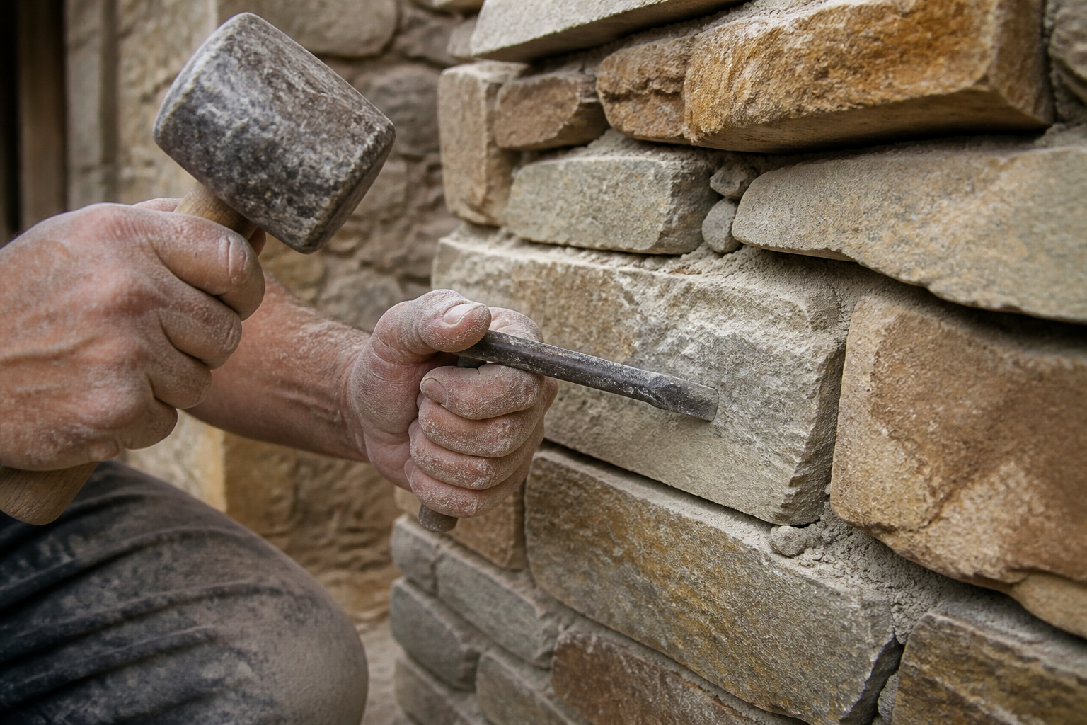 Hands setting stone with a hammer and chisel